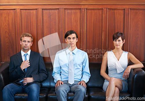 Image of People, recruitment and job in waiting room, opportunity and position for career. Candidates, portrait and confident for interview, human resources and couch for work, corporate and serious face