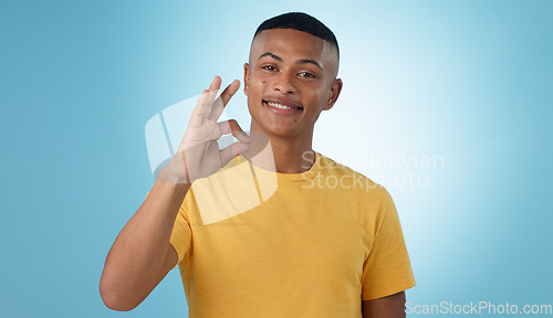 Image of Portrait, smile and man with perfect hand in studio with feedback, support or motivation on blue background. Ok, emoji and face of male model with vote for success, thank you or review excellence