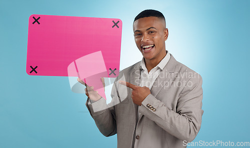 Image of Business man, speech bubble and presentation of communication, chat poster or social media quote in studio. Portrait of worker with FAQ mockup, career forum and tracking markers on a blue background