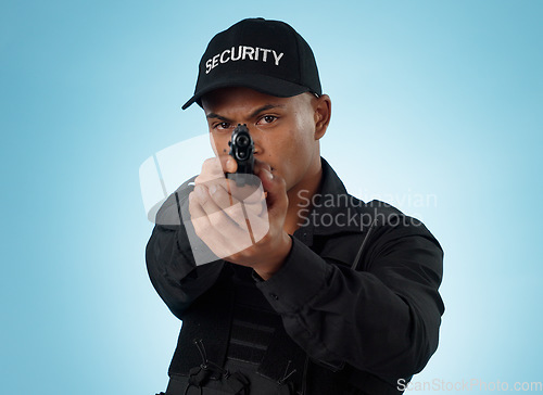 Image of Man, security guard and pointing gun for shooting, protection and hands with face, portrait or confident. Target, safety or weapon for criminal, aim or studio background for pistol, crime or arrest