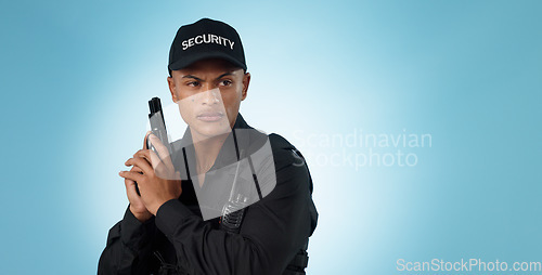 Image of Man, security guard and holding gun for shooting, protection and precaution for job, serious or confident. Target, killing or weapon for criminal, safety or studio background for pistol, crime or law