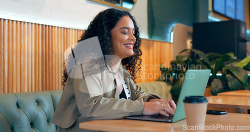 Image of Cafe, smile and woman with a laptop, typing and connection with inspiration, brainstorming and planning. Person, freelancer and entrepreneur with a pc, coffee shop or project with copywriting or idea