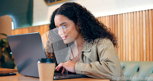 Image of Cafe, thinking and woman with a laptop, relax and connection with inspiration, email and planning. Person, freelancer and entrepreneur with a pc, coffee shop or project with company website or app