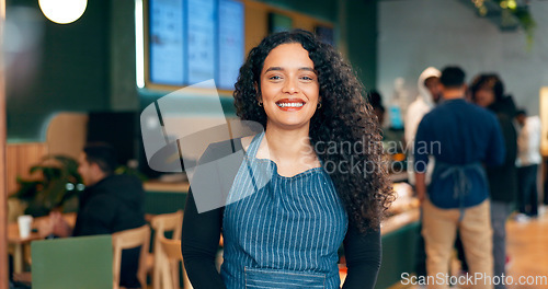 Image of Portrait, happy woman and waitress in coffee shop, store or restaurant for retail service. Face, smile or barista in cafe, worker and employee in apron, entrepreneur or small business owner in Mexico