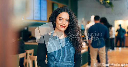 Image of Portrait, happy woman and barista in coffee shop, store or restaurant for retail service Face, smile and waitress in cafe, worker and employee in apron, entrepreneur or small business owner in Mexica