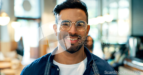 Image of Portrait, happy man or business owner with smile in coffee shop for startup, career or service in hospitality. Mexican person, face and glasses with excitement for vision of cafe, restaurant or store