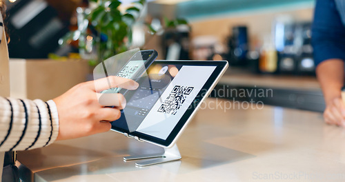 Image of Hands, phone and qr code in coffee shop, payment and fintech app with pos, deal and services with scanning in store. People, smartphone and machine for point of sale, banking and barcode in cafeteria