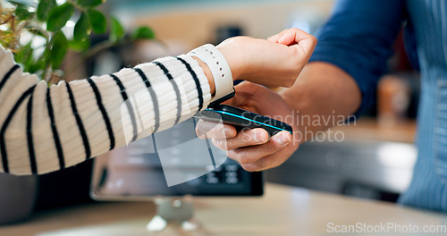 Image of Smart watch, machine or hands of customer in cafe with cashier for shopping, sale or checkout. Coffee shop, bills or closeup of person paying for service or payment technology in restaurant or diner