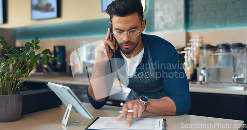 Image of Business owner, phone call and paperwork for restaurant, cafe logistics or food management. Supply chain checklist, manager or man in mobile communication for stock inventory in coffee shop startup