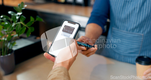 Image of Fintech, phone or hands of customer in cafe with cashier for shopping, sale or payment in checkout. Machine, bills or closeup of person paying for service, coffee or tea drink in restaurant or diner