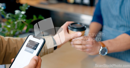 Image of Coffee, phone or hands of customer in cafe with cashier for shopping, sale or payment in checkout. Machine, bills or closeup of barista giving service, beverage or tea drink to a person in restaurant