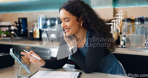 Image of Tablet, happy woman or phone call for cafe order, restaurant logistics or supply chain management. Checklist, barista or manager talking in mobile communication for stock inventory in coffee shop