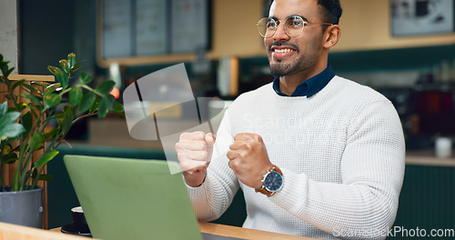 Image of Coffee shop smile, laptop and man celebrate online research success, freelance project achievement or wow data report. Excited winner, diner cafe and customer happy for hospitality news announcement