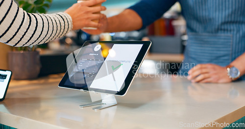 Image of Coffee, tablet or hands of customer in cafe with cashier for shopping, sale or payment in checkout. Order, bills or closeup of barista giving service, beverage or tea drink to a person in restaurant