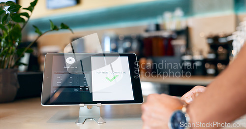 Image of Business, restaurant and tablet for payment by online, internet or network for e commerce, fintech or digital. Technology, screen and customer for success in transaction with app for connectivity