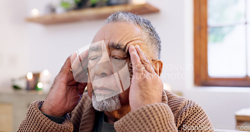 Image of Senior man, headache and stress in retirement, anxiety and migraine at home, tension or pain. Elderly person, burnout and frustrated or worry, head and mental health or depression for loss and grief