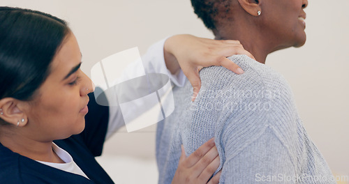 Image of Senior, woman and nurse with back pain, health and checkup for healthcare or consultation at hospital. Elderly, person or chiropractor for physical therapy, examination or massage at clinic or physio