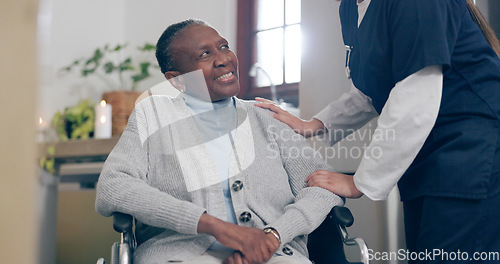 Image of Senior woman, person with a disability and retirement home for help, care or support for empathy and nurse. Wheelchair, healthcare or elder for medical, retired or worker for patient, hands or job
