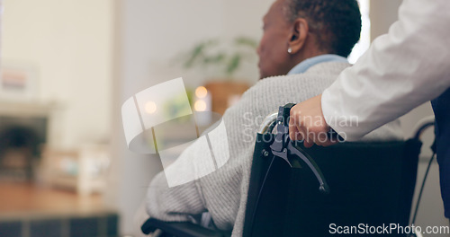 Image of Woman, person with disability and wheelchair for help, care or support with bokeh, nurse or old. Retirement home, healthcare or elderly for medical, retired or worker for patient, caregiver and job