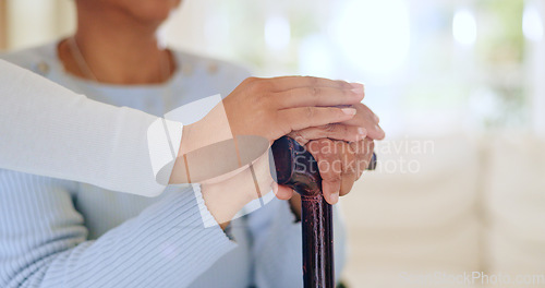 Image of Nurse, patient and hands or cane closeup or bad news comfort, trust empathy for diagnosis results. Medical worker, old woman and walking stick or fingers for caregiver advice help, clinic or hospital