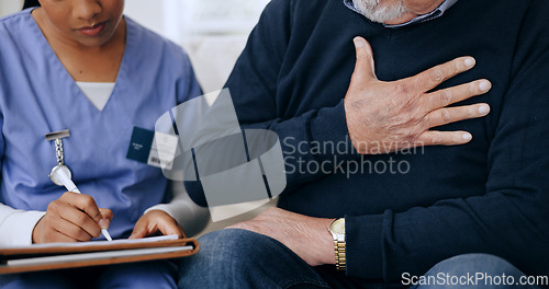 Image of Nurse, patient consultation or person with chest pain, lung cancer and sick from heart infection, virus or tuberculosis. Closeup client, breathing problem and caregiver writing medical survey notes