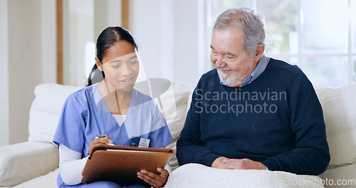 Image of Nurse, elderly happy man and woman writing questionnaire answers, client feedback or nursing home patient assessment. Consultation service, retirement and caregiver test, exam or medical survey notes