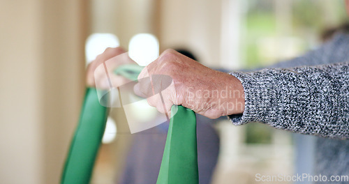 Image of Hands, man and stretching resistance band for exercise, muscle or rehabilitation for strong arms in physio. Elderly, healthcare and person with equipment, workout or physical therapy training