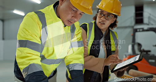 Image of Engineer team, laptop and factory people cooperation on manufacturing design, online data or construction. Communication, tablet and partner collaboration on warehouse plan, strategy or project