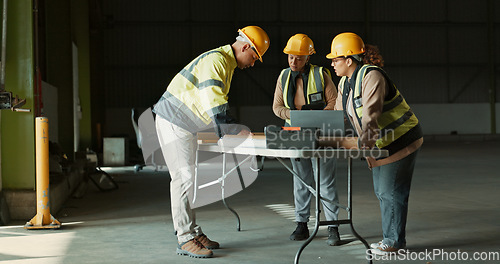 Image of Planning, laptop or factory people, architect or team cooperation on manufacturing design, renovation or construction. Industrial, reading or group review warehouse plan, strategy or engineer project