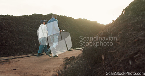 Image of Woman, farmer and compost or business talking for agriculture company, plant growth or paperwork. Man, inspector and document for sustainable environment or land development, gardening or checklist