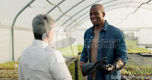 Image of Team of people, happy farmer in greenhouse and agriculture, agro or test plants, research vegetables and ecology. Smile, black man and woman in nursery, botanist or scientist in garden for inspection