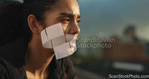 Image of Woman, breathe and exhausted from exercise, run and fitness in outdoors, tired and fatigue. Female person, training and workout in city, cardio and mental health for challenge, performance and rest