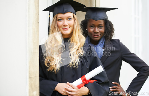 Image of Graduation cap, students and friends for university achievement, success and celebration of diploma or certificate. Portrait of women in diversity for lawyer education, learning award and scholarship