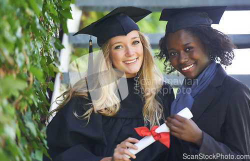 Image of Graduation cap, students and women for university achievement, success and celebration of diploma or certificate. Portrait of friends in diversity for lawyer education, learning award and scholarship