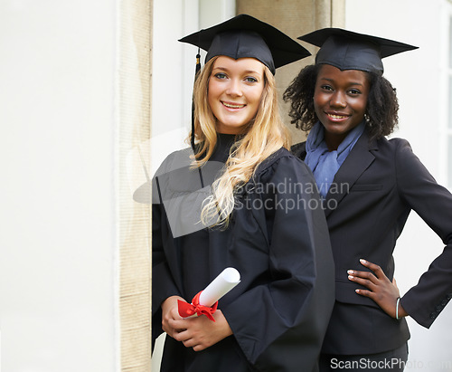 Image of Graduation cap, students and friends for college achievement, university success and happy diploma or certificate. Portrait of women in diversity for lawyer education, learning award and scholarship