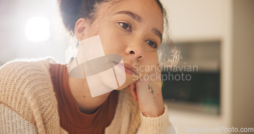 Image of Home, thinking and woman with depression, sad and calm with anxiety, burnout and stress. Person, face and girl with mental health, decision or bored with lonely feeling, psychology crisis and fatigue