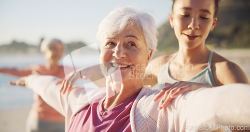 Image of Beach class, teacher and old woman doing yoga exercise, outdoor wellness and relax workout in nature. Instructor, elderly face and happy person learning pose, training and yogi coach teaching pilates