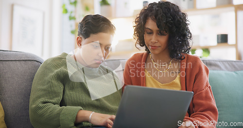 Image of LGBT, laptop and lesbian couple conversation on home online shopping choice, social media post or reading info. Lounge sofa, face and gay people speaking, talking and chat about omnichannel