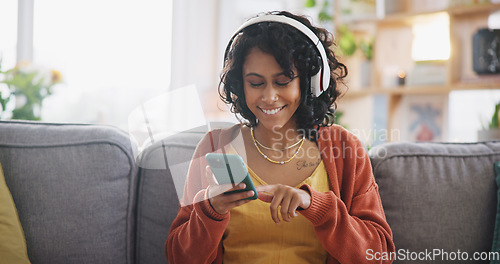 Image of Home, smartphone or woman with headphones, music or dancing with audio, streaming sounds or happiness. Person on a couch, girl or headset with energy, radio or cellphone with motivation or mobile app