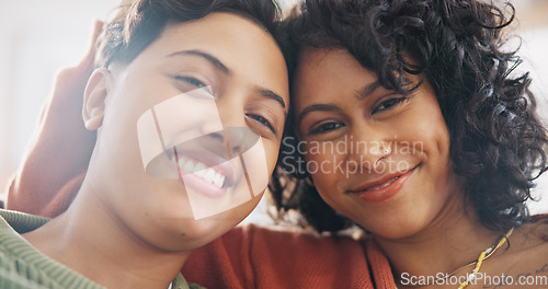 Image of Lesbian couple, selfie and smile with love, live streaming on sofa or affection with social media, home or blog. Women, gay female people or profile picture with happiness, loving together or romance