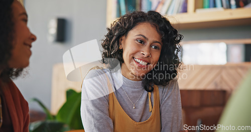 Image of Girl friends, talk and group in cafe, drink and happy for reunion, memory or thinking with smile. Gen z women, students and relax with chat, conversation or brunch at restaurant, diner or coffee shop