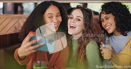 Image of Girl friends, selfie and group in coffee shop for peace sign, care or kiss with smile, love or post for web blog. Women students, photography and profile picture in cafe for reunion with happy memory