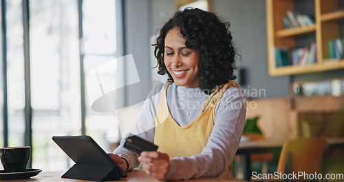 Image of Tablet, credit card and woman in restaurant, online shopping and payment in coffee store. Tech, plastic money and happy person in cafe in ecommerce, digital fintech or typing on financial banking app