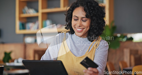 Image of Tablet, credit card and woman in coffee shop, online and payment in restaurant. Technology, plastic money and happy person in cafe in ecommerce, digital fintech and typing on financial banking app