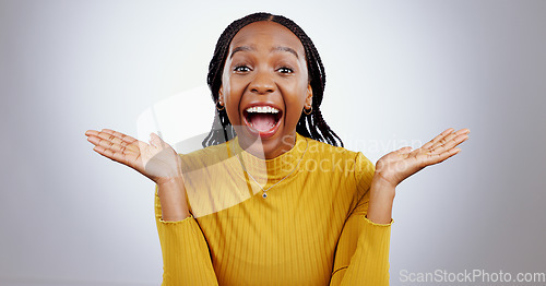 Image of Wow, portrait and excited black woman in studio happy with competition news, prize or bonus on grey background. Surprise, omg or face of happy female winner with mind blown emoji or lotto results