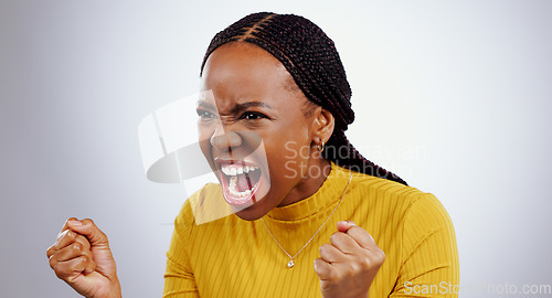Image of Angry, black woman and frustrated face with scream, shout and yelling in studio white background. Crisis, stress and person voice anger, rage or crazy emoji with problem, mistake or annoyed with fail