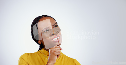 Image of Thinking, confused and black woman in a studio with memory, brainstorming and planning facial expression. Guess, question and young African female model with solution face isolated by gray background