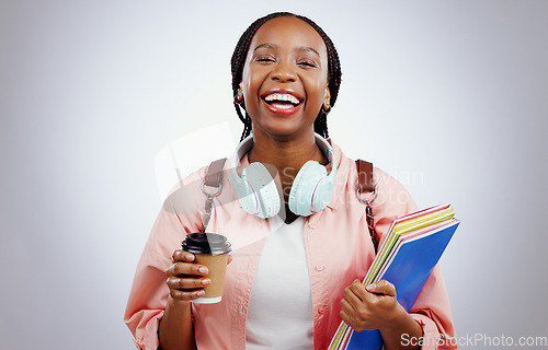 Image of Woman student, coffee and books for education, university and happy learning, knowledge or study opportunity in studio. Portrait of African person for back to school or planning a white background