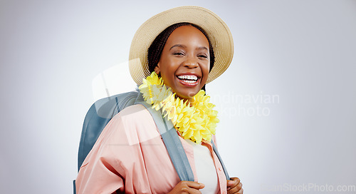 Image of Travel, backpack and portrait of black woman in studio with adventure, freedom and vacation on grey background. Smile, face and excited African female model having fun on tour or holiday in Hawaii