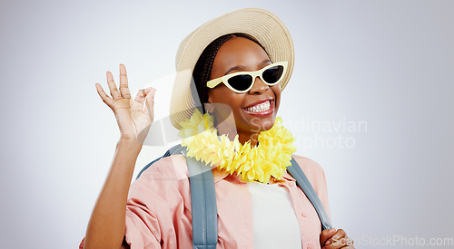 Image of Sunglasses, black woman and ok hands for perfect, portrait and studio isolated on white background mockup. Face, smile or person with okay sign, gesture and hat for travel or vacation recommendation